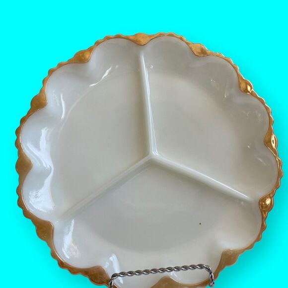 Vtg Milk Glass 3 Part Relish Dish Anchor Hocking Fire-King 22K Gold Trim 10” - Picture 3 of 6